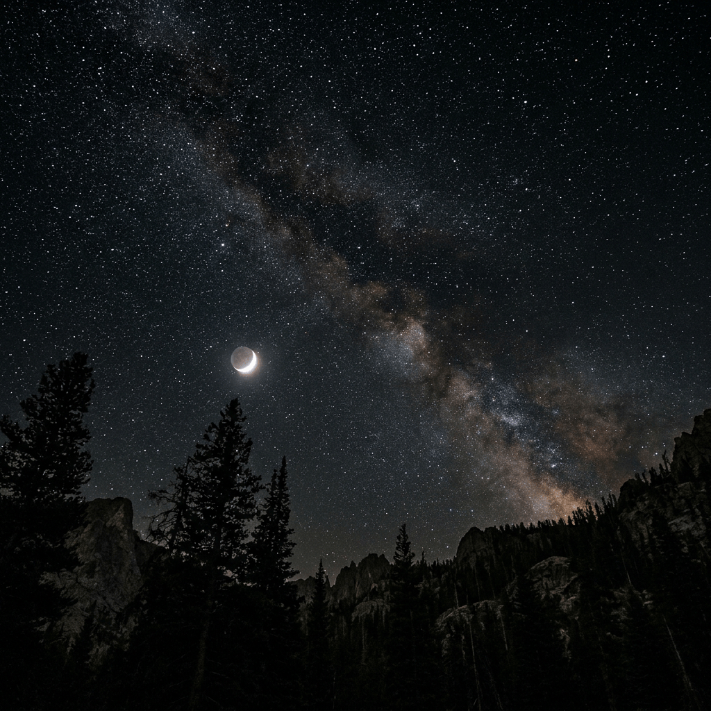 Crescent moon and Milky Way above silhouetted mountains and pine trees