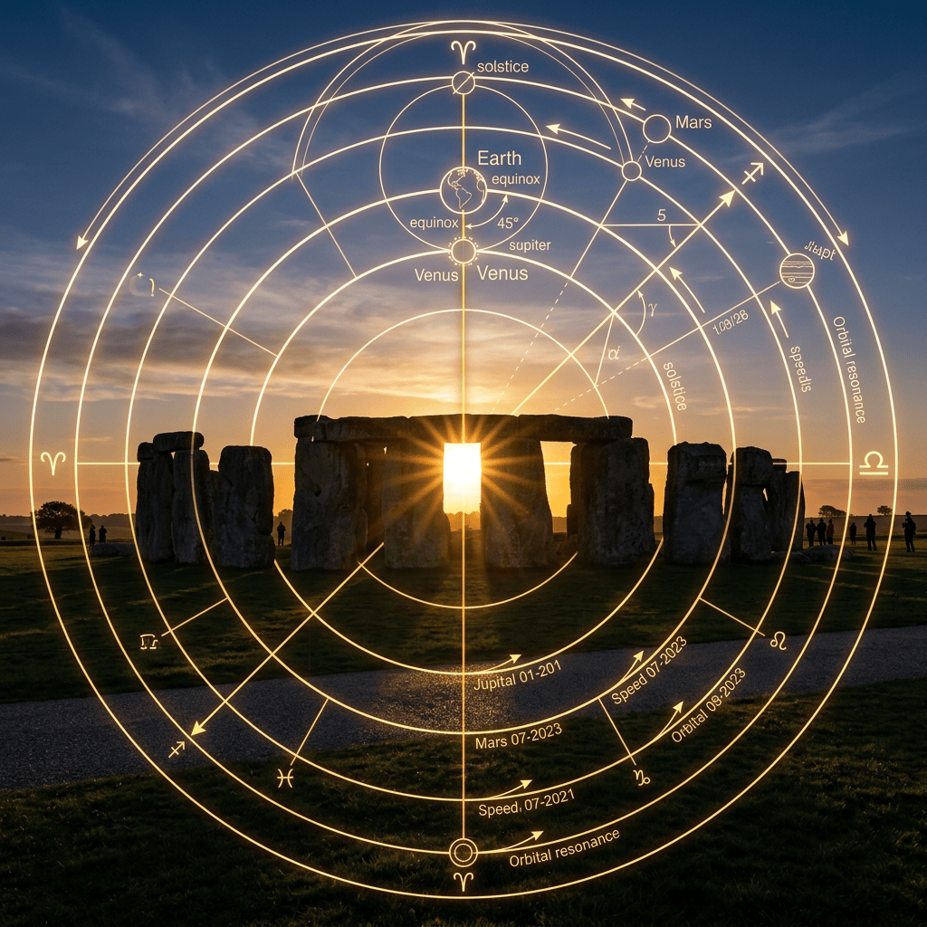 Stonehenge at sunset overlaid with a planetary orbit and solstice diagram