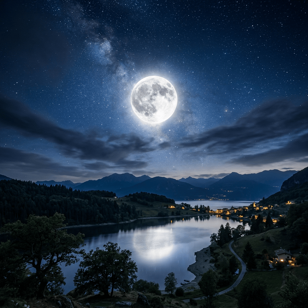 Full moon over a mountain lake, village, and star-filled night sky