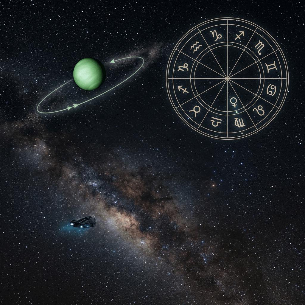 Green planet, futuristic spacecraft, and zodiac wheel against the Milky Way