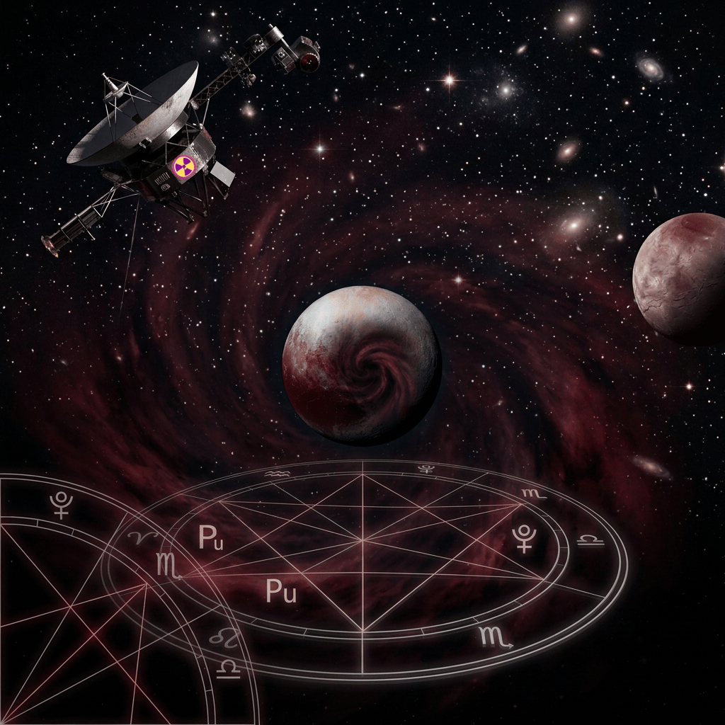Space probe near two planets with a zodiac chart in space